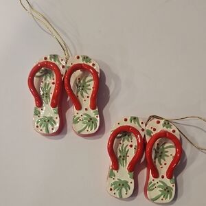 Hawaiian Palm Tree Red and Green Flip Flop Ornament Set